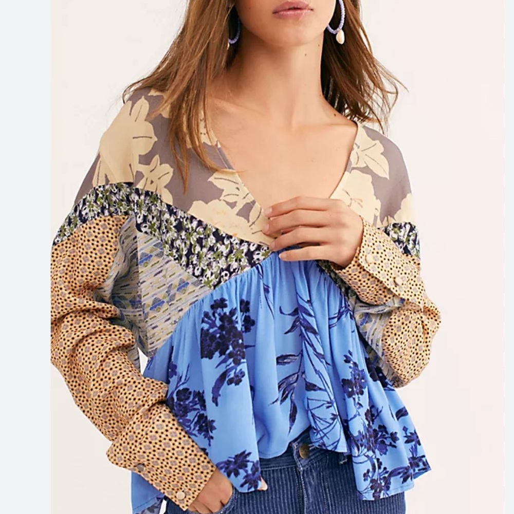 Free People Patchwork Aloha Floral Blouse